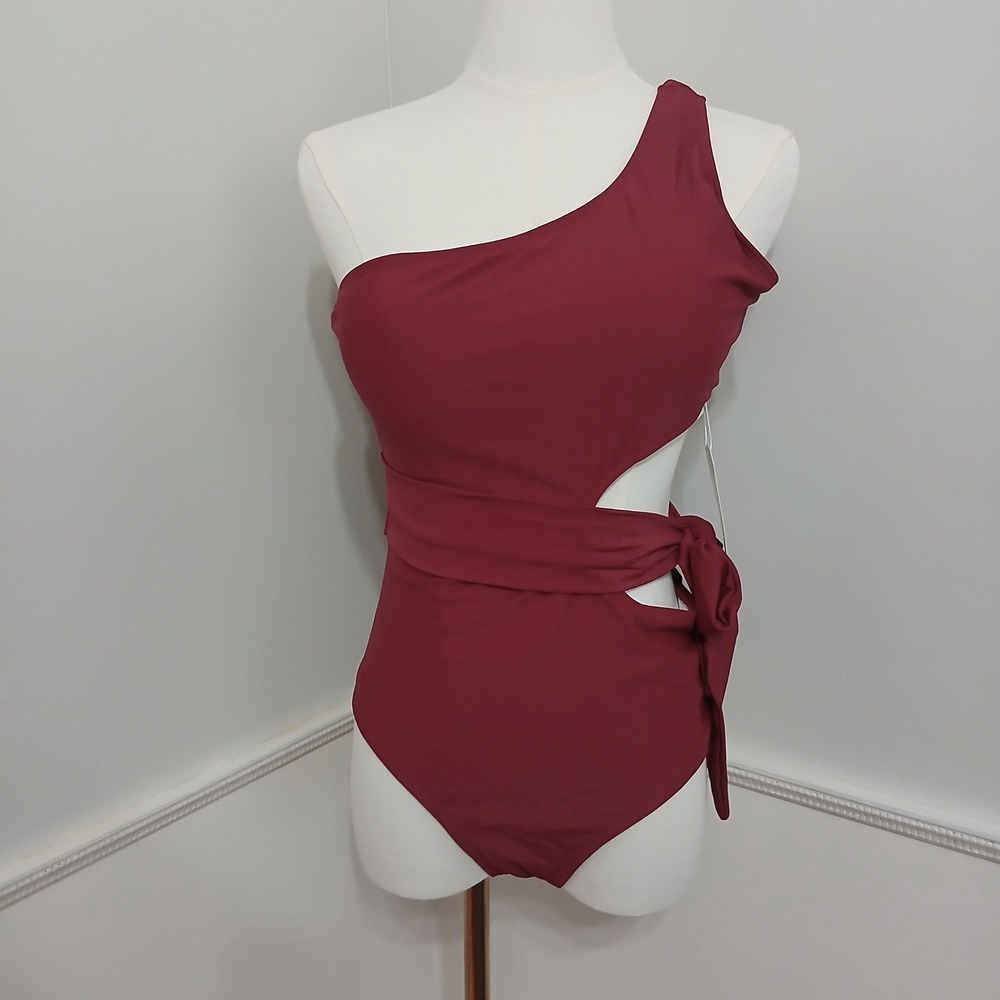 Lillusory Womens One Shoulder Cutout Tie Waist One Piece Swimsuit Burgundy Small